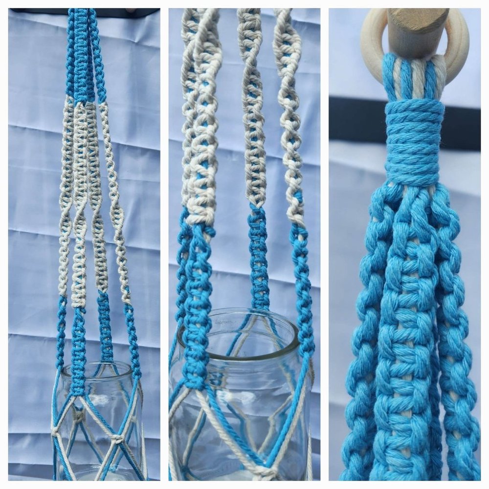 Handmade Homemade Macrame Plant Hanger in Blue & White